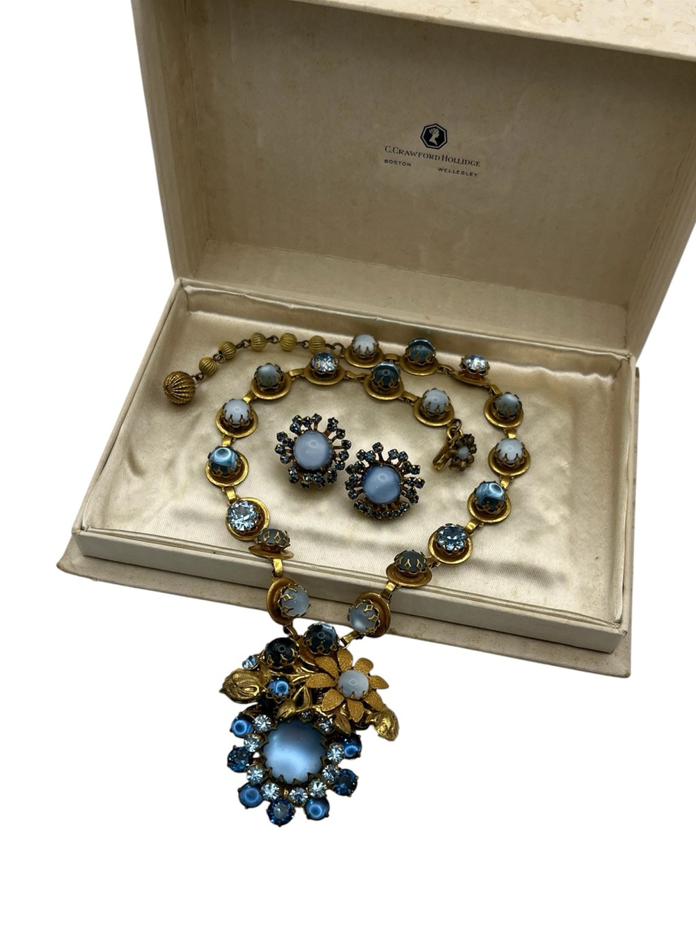 Miriam Haskell 1950s blue moon glow cabochon & rhinestone necklace earrings set